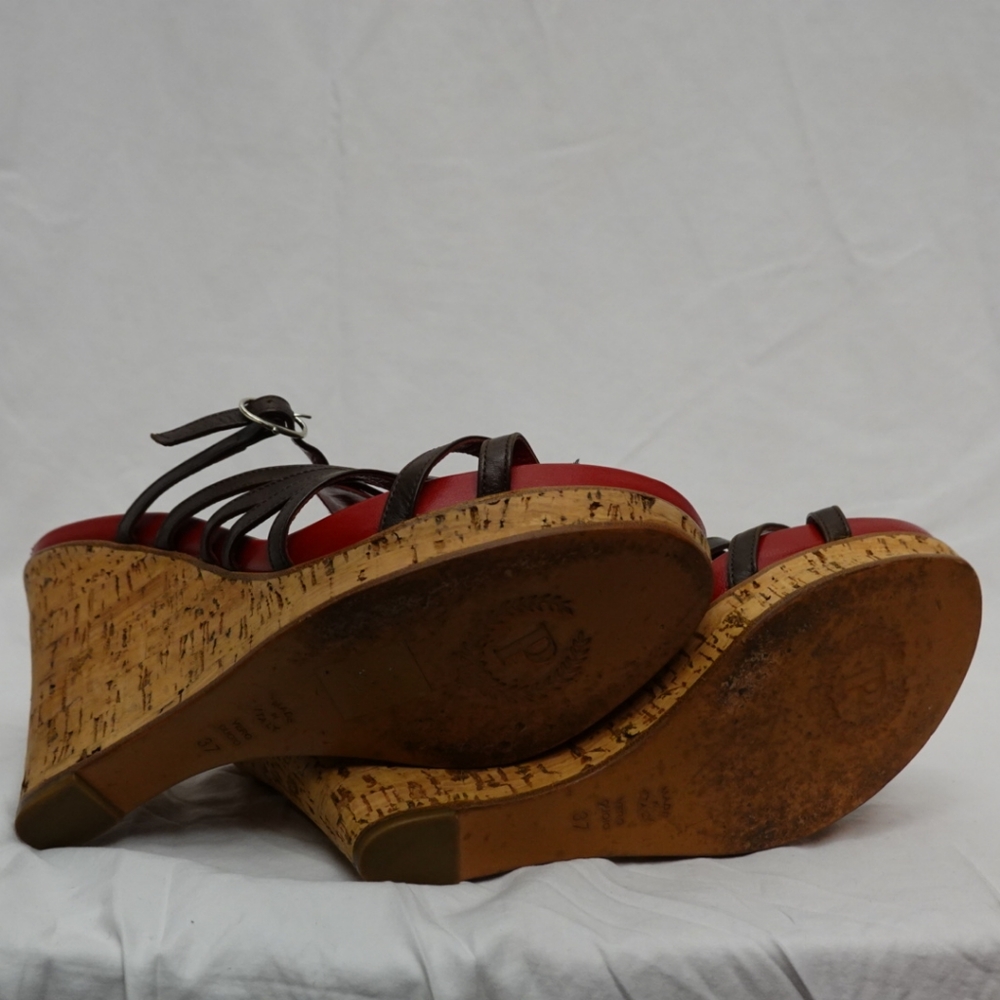 POLLINI Red & Brown Strappy Cork Platform Wedge Sandals, size 37 - Picture 2 of 8